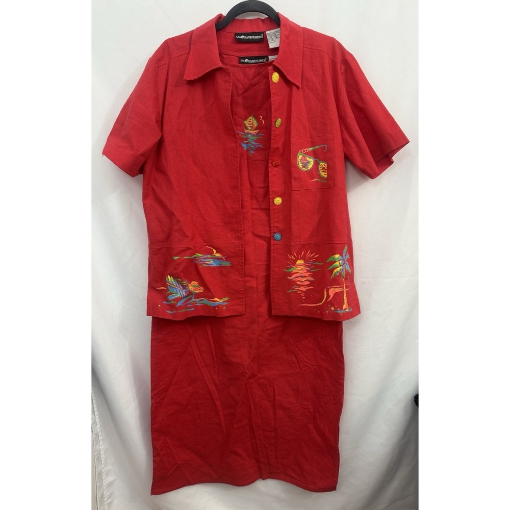 Sag Harbor 2 Pc Outfit Shirt and Tank Dress Red Linen Blend Sun Buttons Size 8
